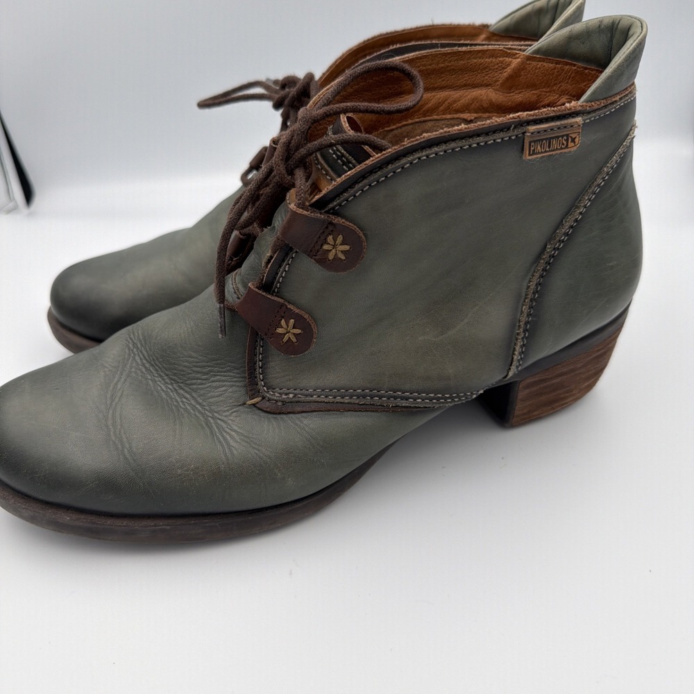 Pikolinos Le Mans Ankle Boot Green Leather Lace Up Stacked Heel Womens 42 READ